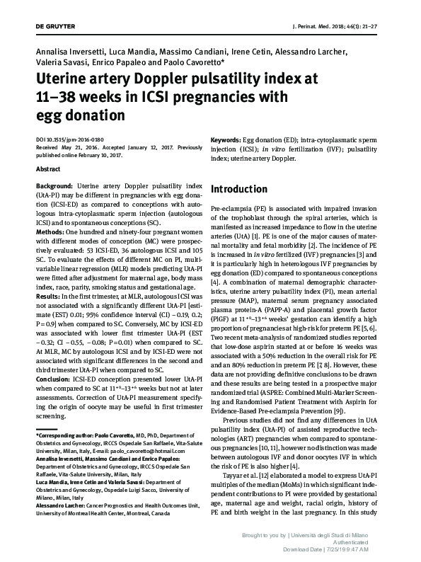 (PDF) Uterine artery Doppler pulsatility index at 11–38 weeks in ICSI ...
