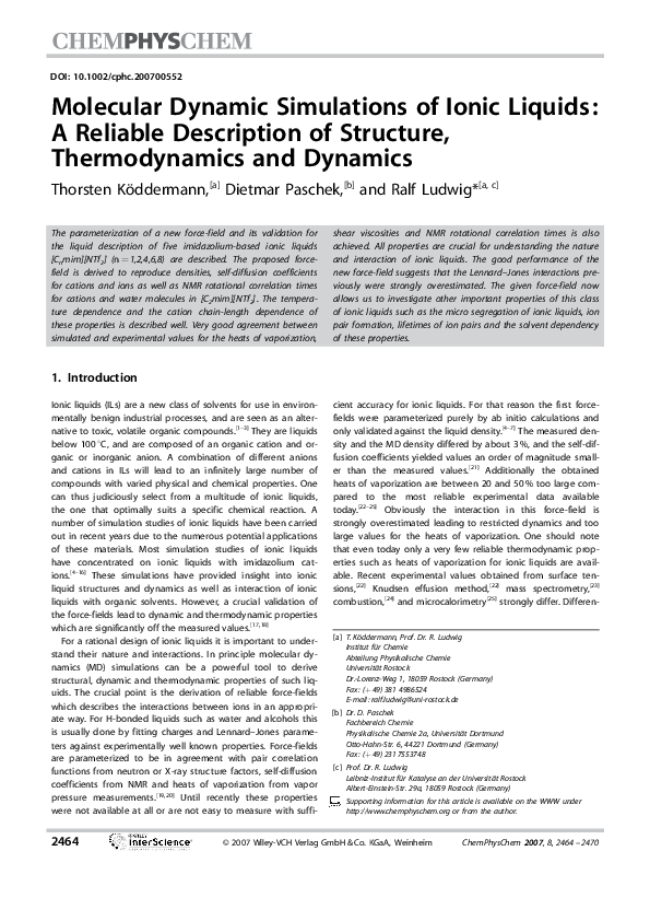 (PDF) Molecular Dynamic Simulations of Ionic Liquids: A Reliable ...