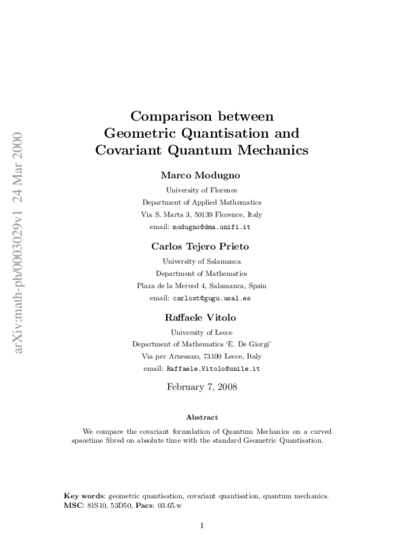(PDF) Comparison between geometric quantisation and covariant quantum ...