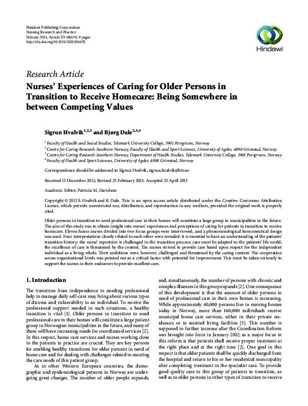 (PDF) Nurses' Experiences of Caring for Older Persons in Transition to ...