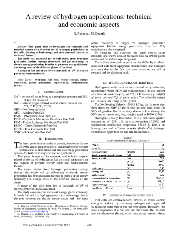 (PDF) A review of hydrogen applications: technical and economic aspects