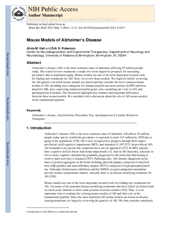 (PDF) Mouse models of Alzheimer's disease