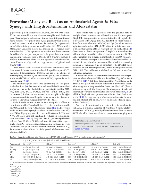 (PDF) Proveblue (Methylene Blue) as an Antimalarial Agent: In Vitro ...