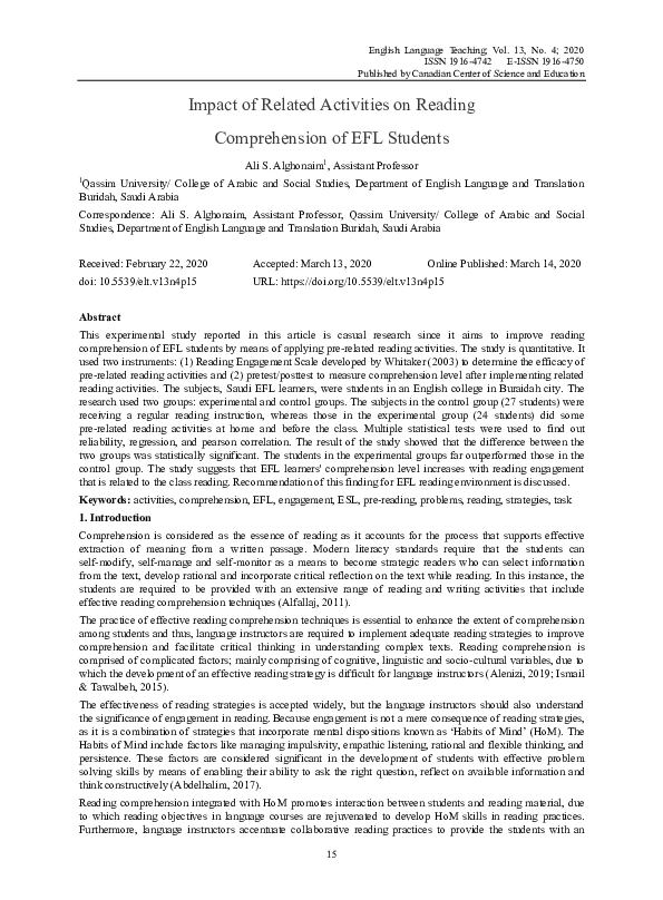 (PDF) Impact of Related Activities on Reading Comprehension of EFL Students