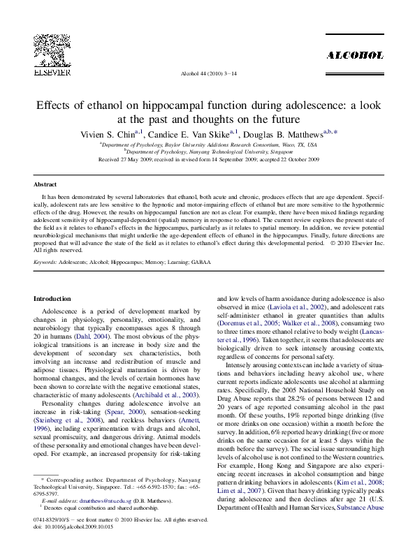 (PDF) Effects of ethanol on hippocampal function during adolescence: a ...