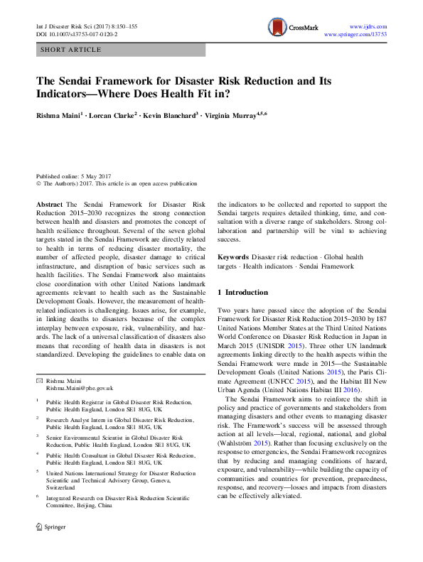 (PDF) The Sendai Framework for Disaster Risk Reduction and Its ...