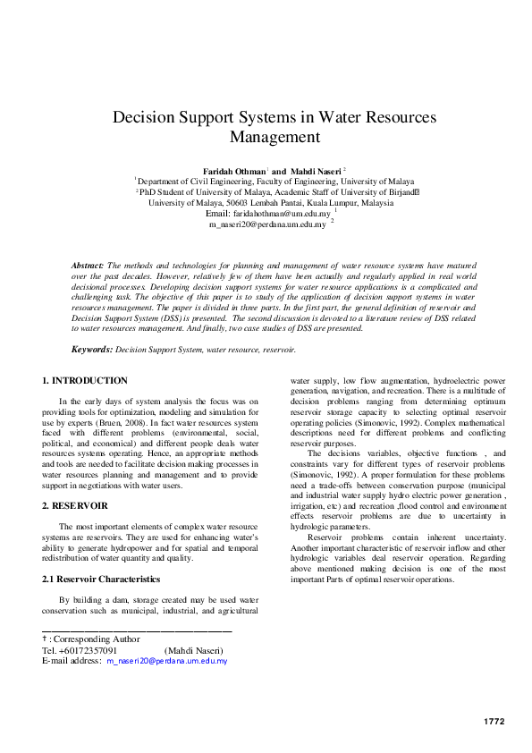 (PDF) Decision Support Systems in Water Resources Management