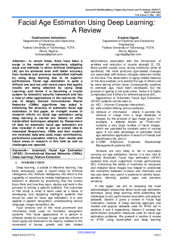(PDF) Facial Age Estimation Using Deep Learning: A Review
