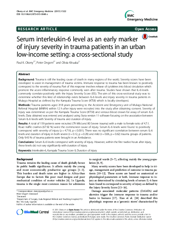 (PDF) Serum interleukin-6 level as an early marker of injury severity ...