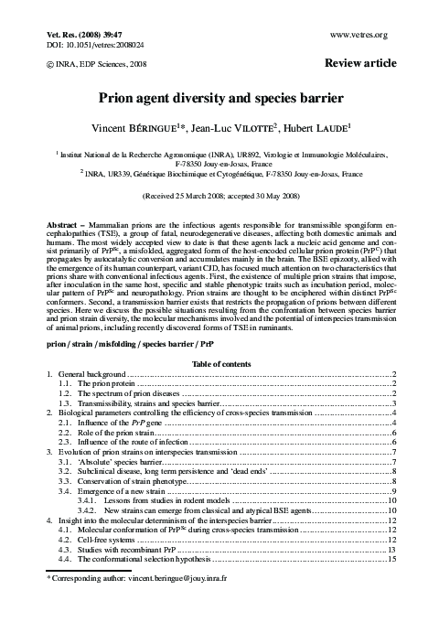 (PDF) Prion agent diversity and species barrier
