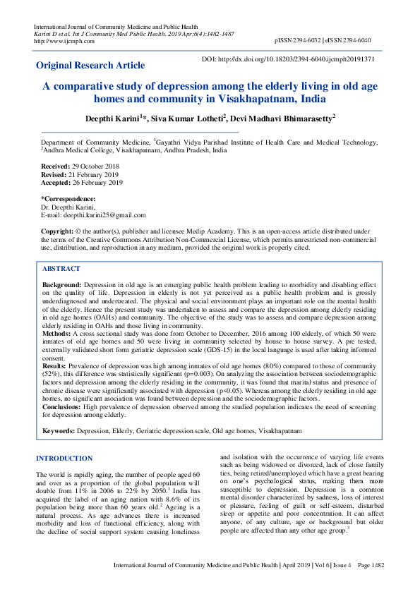 (PDF) A comparative study of depression among the elderly living in old ...