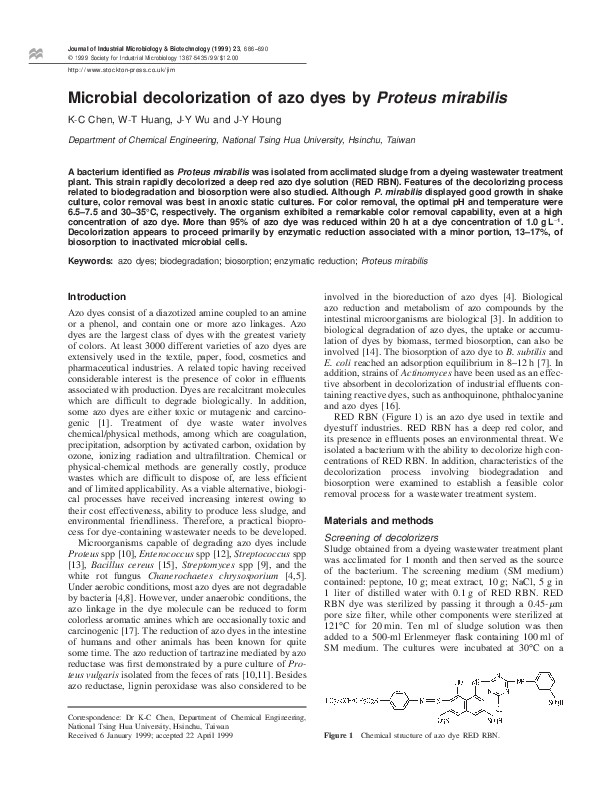 (PDF) Microbial decolorization of azo dyes by Proteus mirabilis
