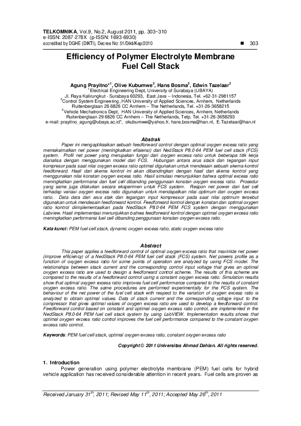 (PDF) Efficiency of Polymer Electrolyte Membrane Fuel Cell Stack