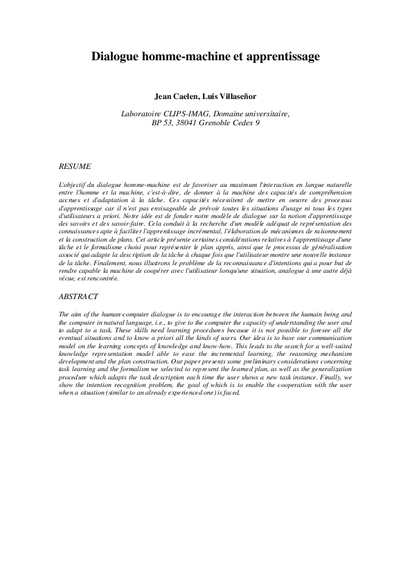 (PDF) Dialogue homme-machine et apprentissage