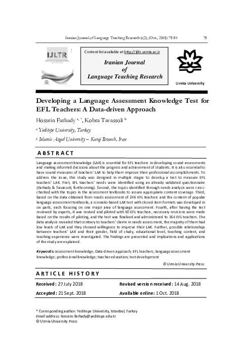 (PDF) Developing a Language Assessment Knowledge Test for EFL Teachers ...