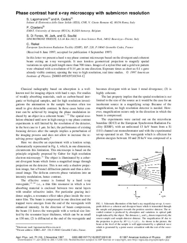 (PDF) Phase contrast hard x-ray microscopy with submicron resolution