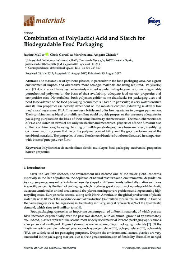 (PDF) Combination of Poly(lactic) Acid and Starch for Biodegradable ...