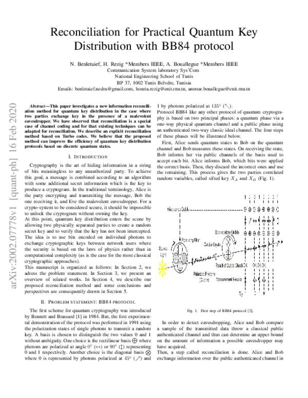 (PDF) Reconciliation for practical quantum key distribution with BB84 ...
