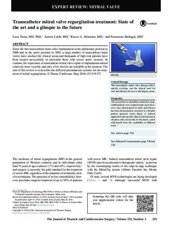 (PDF) Transcatheter mitral valve regurgitation treatment: State of the ...