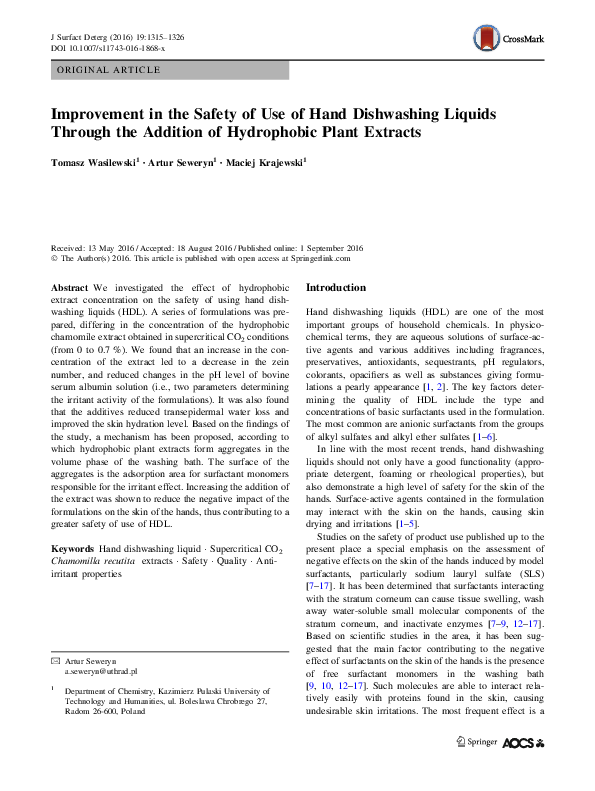 (PDF) Improvement in the Safety of Use of Hand Dishwashing Liquids Through the Addition of