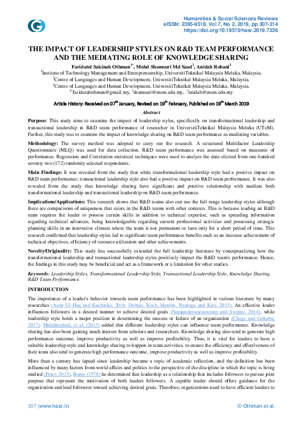 (PDF) The Impact of Leadership Styles on R Team Performance and the ...