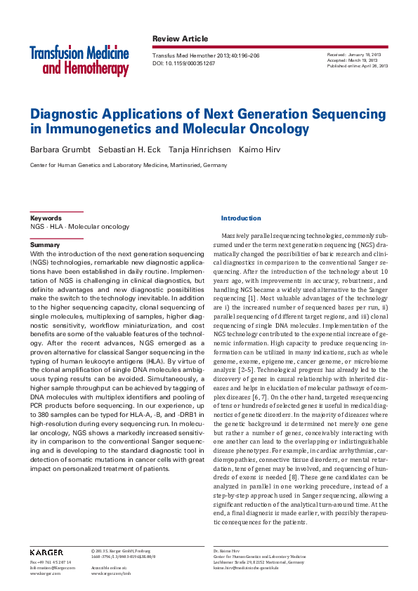 (PDF) Diagnostic Applications of Next Generation Sequencing in ...