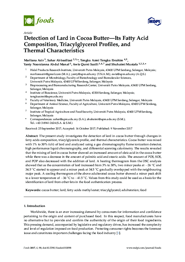 (PDF) Detection of Lard in Cocoa ButterIts Fatty Acid Composition