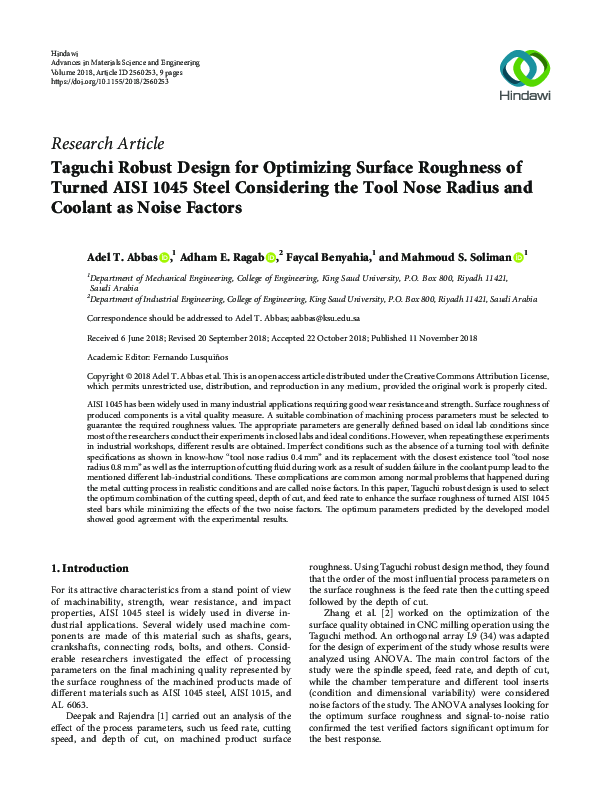 (PDF) Taguchi Robust Design for Optimizing Surface Roughness of Turned ...
