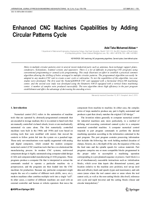 (PDF) Enhanced CNC machines capabilities by adding circular patterns cycle