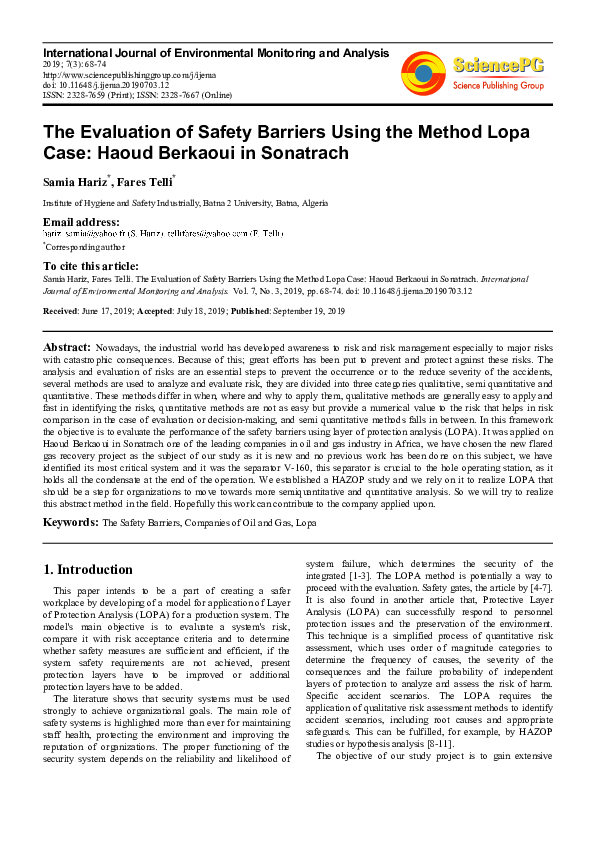 (PDF) The Evaluation of Safety Barriers Using the Method Lopa Case ...