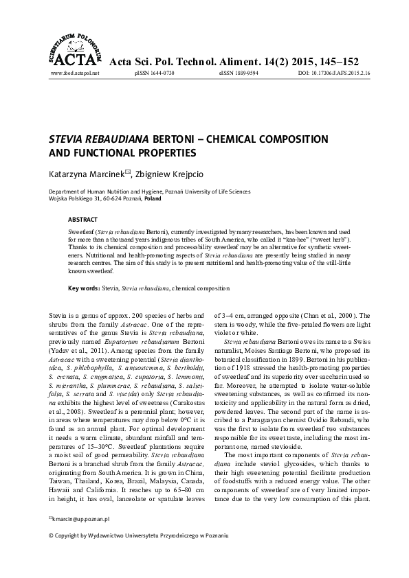(PDF) Stevia rebaudiana Bertoni chemical composition and functional