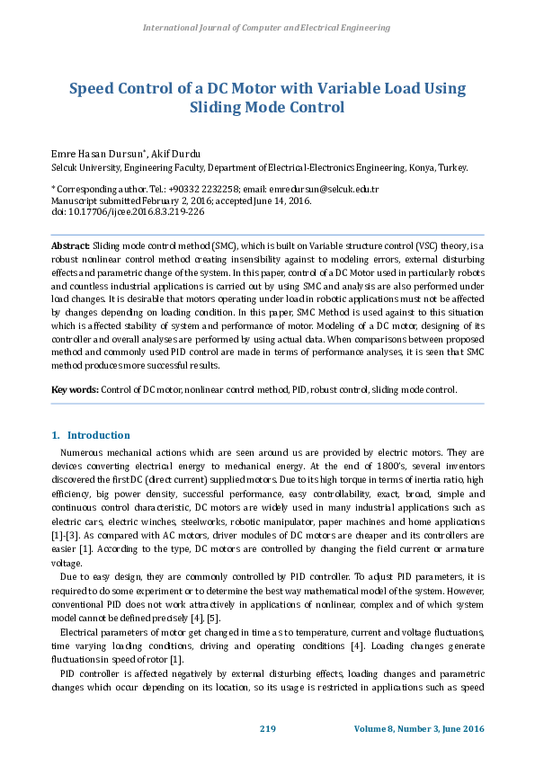 (PDF) Speed Control of a DC Motor with Variable Load Using Sliding Mode ...