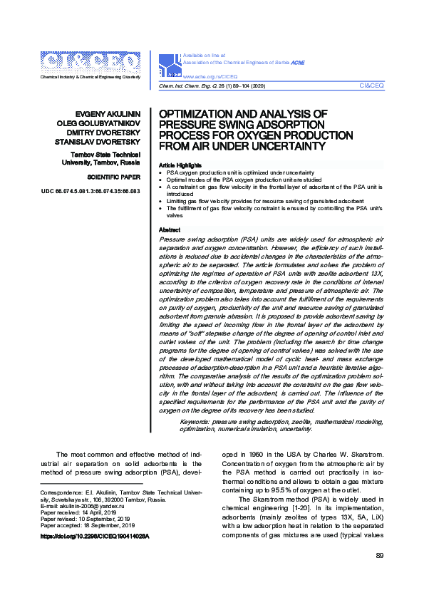 (PDF) Optimization and analysis of pressure swing adsorption process ...