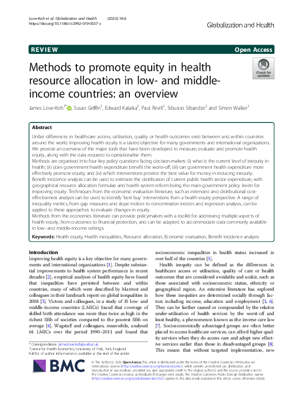 (PDF) Methods to promote equity in health resource allocation in low ...