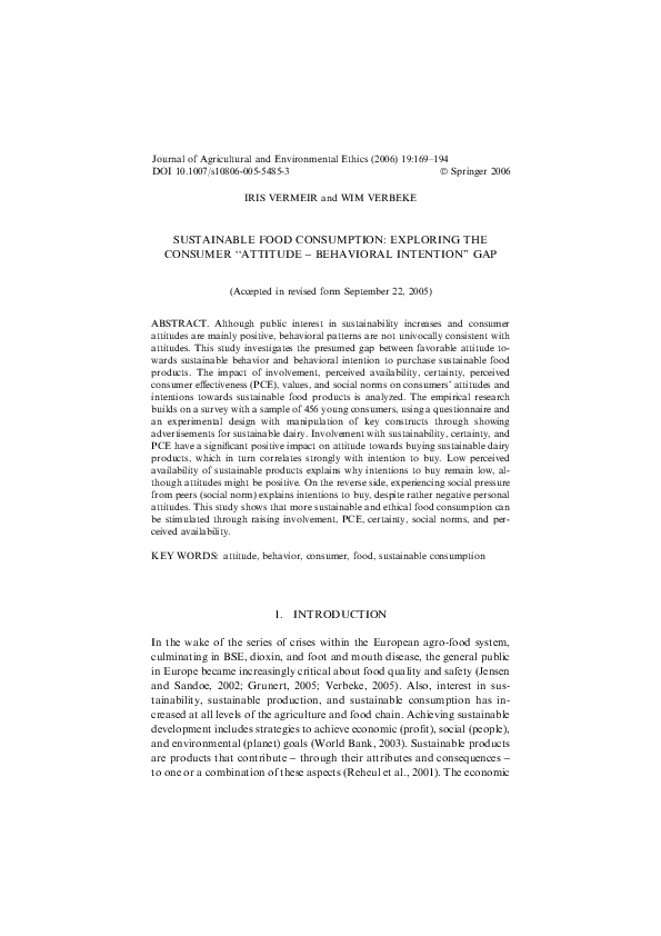 (PDF) Sustainable Food Consumption Exploring the Consumer “Attitude Behavioral Intention” Gap