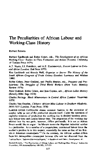 (PDF) The Peculiarities of African Labour and Working-Class History