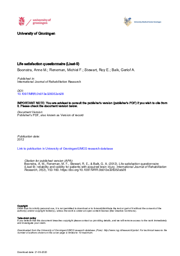 (PDF) Life satisfaction questionnaire (Lisat9) Roy Stewart Academia.edu