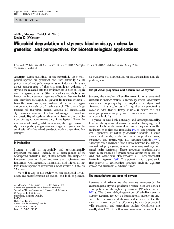 (PDF) Microbial degradation of styrene biochemistry, molecular
