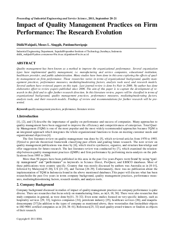 (PDF) Impact of Quality Management Practices on Firm Performance: The ...