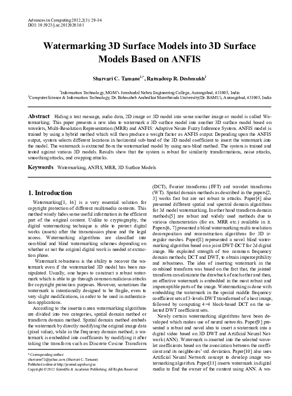 (PDF) Watermarking 3D Surface Models into 3D Surface Models Based on ANFIS