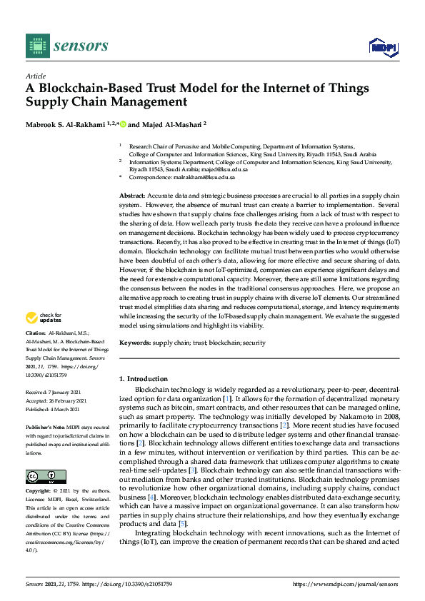 (PDF) A Blockchain-Based Trust Model for the Internet of Things Supply ...