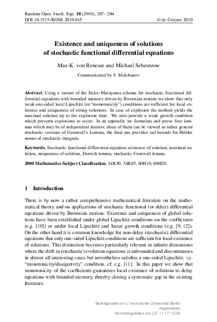 (PDF) Existence and uniqueness of solutions of stochastic functional ...