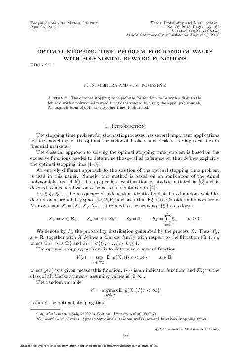 (PDF) Optimal stopping time problem for random walks with polynomial ...