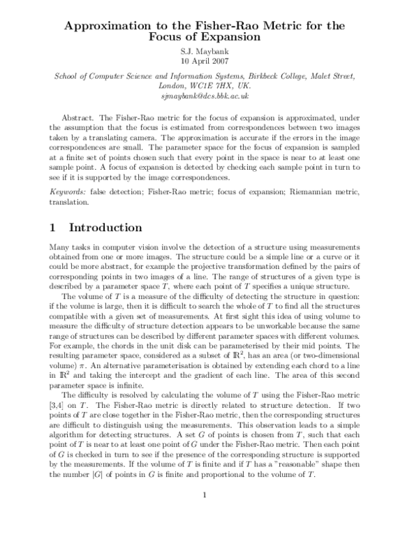 (PDF) Approximation to the Fisher–Rao metric for the focus of expansion