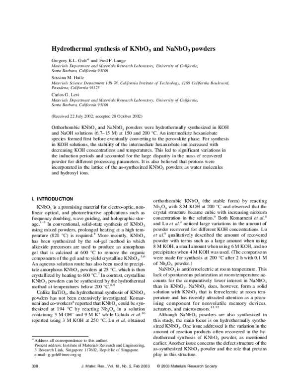 (PDF) Hydrothermal synthesis of KNbO3 and NaNbO3 powders