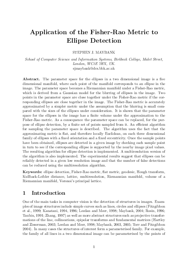 (PDF) Application of the Fisher-Rao Metric to Ellipse Detection
