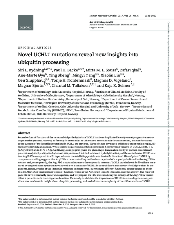(PDF) Novel UCHL1 mutations reveal new insights into ubiquitin processing
