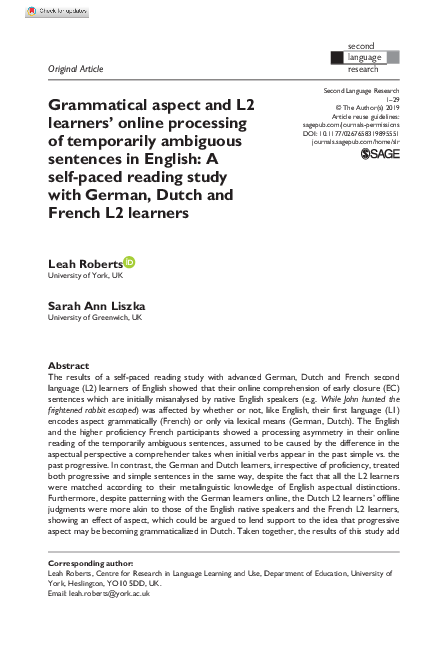 (PDF) Grammatical aspect and L2 learners’ online processing of ...