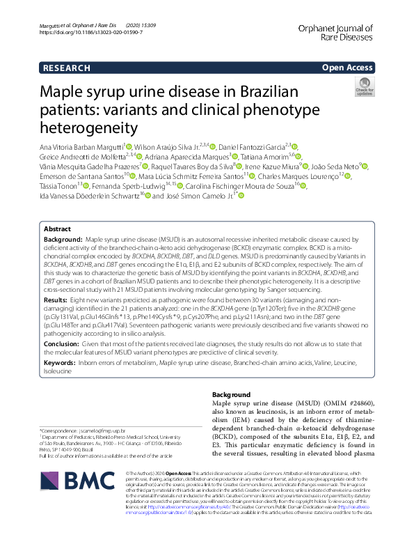 (PDF) Maple Syrup Urine Disease in Brazilian Patients Variants and Clinical Phenotype