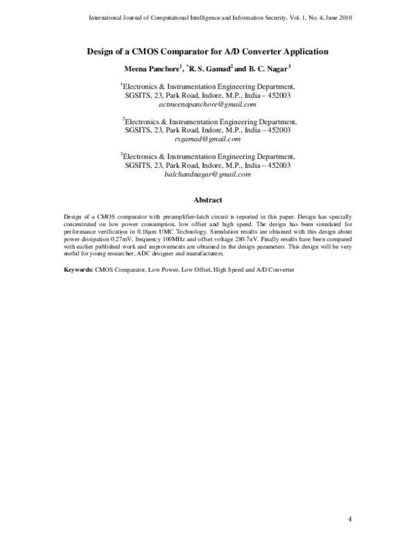 (PDF) Design of a CMOS Comparator for A/D Converter Application Meena